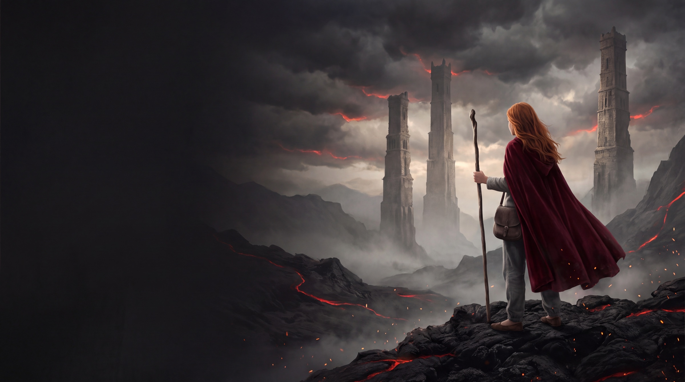 Alice in a red cloak facing the Three Towers
