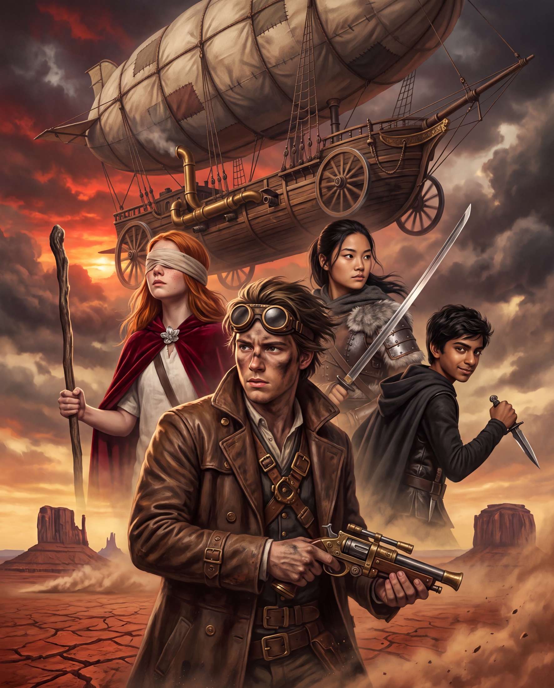 Ellis Cotton with bandaged Alice, Lucy, and Ash aboard a steampunk airship